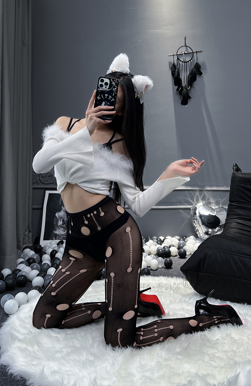 Open-Crotch Lace Stockings with Fake Suspenders, One-Piece Sheer Black Hosiery — detail image 4