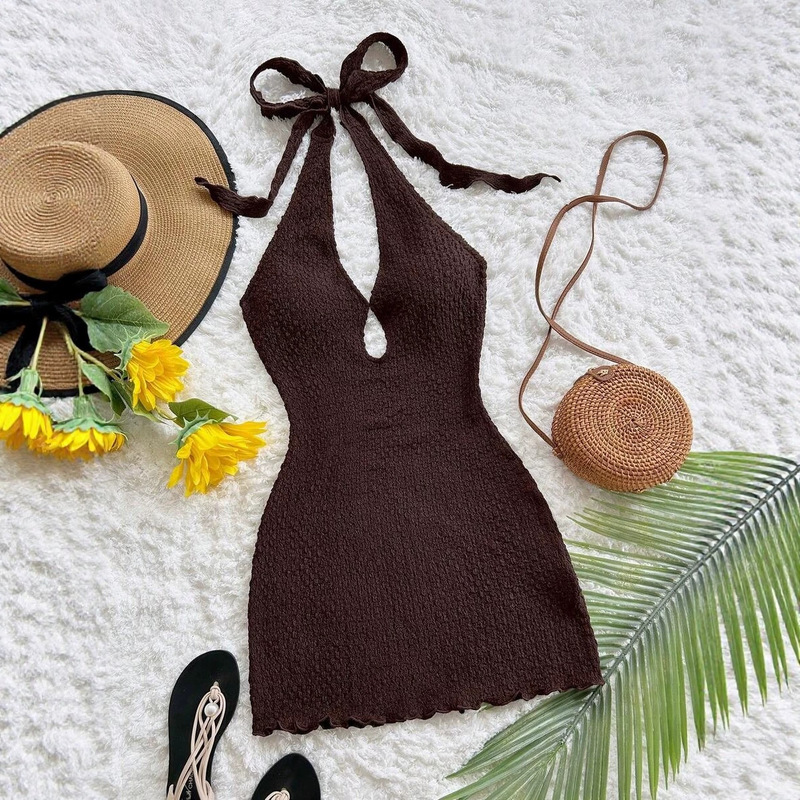 2026 Cross-Border European and American Foreign Trade Wholesale Elegant Bohemian Tropical Strapless Backless Sleeveless Knitted Dress