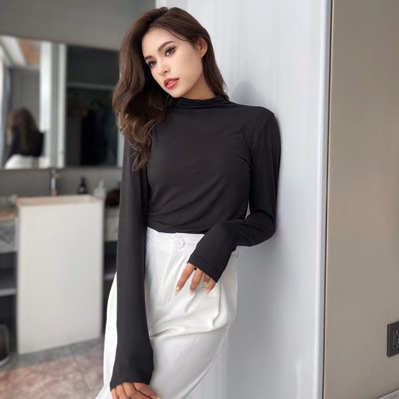 Cross-border best-selling women's solid-color, slim-fit, slimming-effect, black, fashionable, versatile, long-sleeved, high-elasticity base layer with a half-high collar