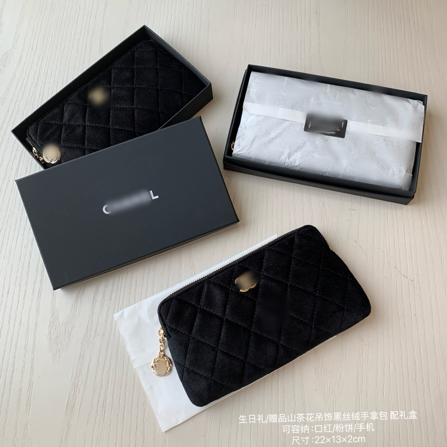 Fragrant Birthday Gift Camellia Flower Charm Black Velvet Clutch Bag Rhomboid Storage Bag Long Wallet with Gift Box