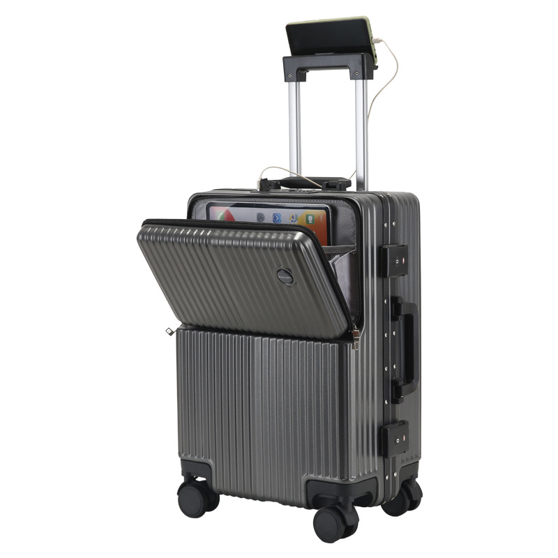 Baja de aluminio con cubierta abierta delantera, maleta de viaje, 20 maletas multifuncionales, maletas de embarque, ruedas universales de 24 pulgadas, maletas de negocios