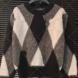 拼色菱格时尚慵懒风羊绒衫百搭显瘦宽松针织衫洋气休闲打底衫秋冬