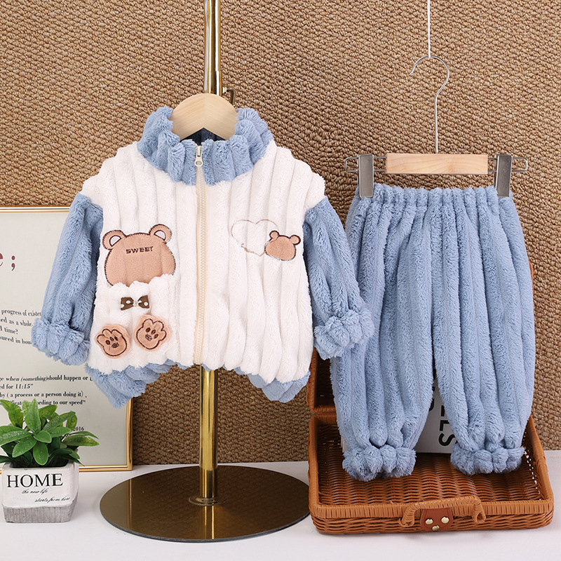 Hombres y niñas invierno ropa casera con cremallera nueva ropa de bebé con pijamas de peluche gruesas de dos piezas
