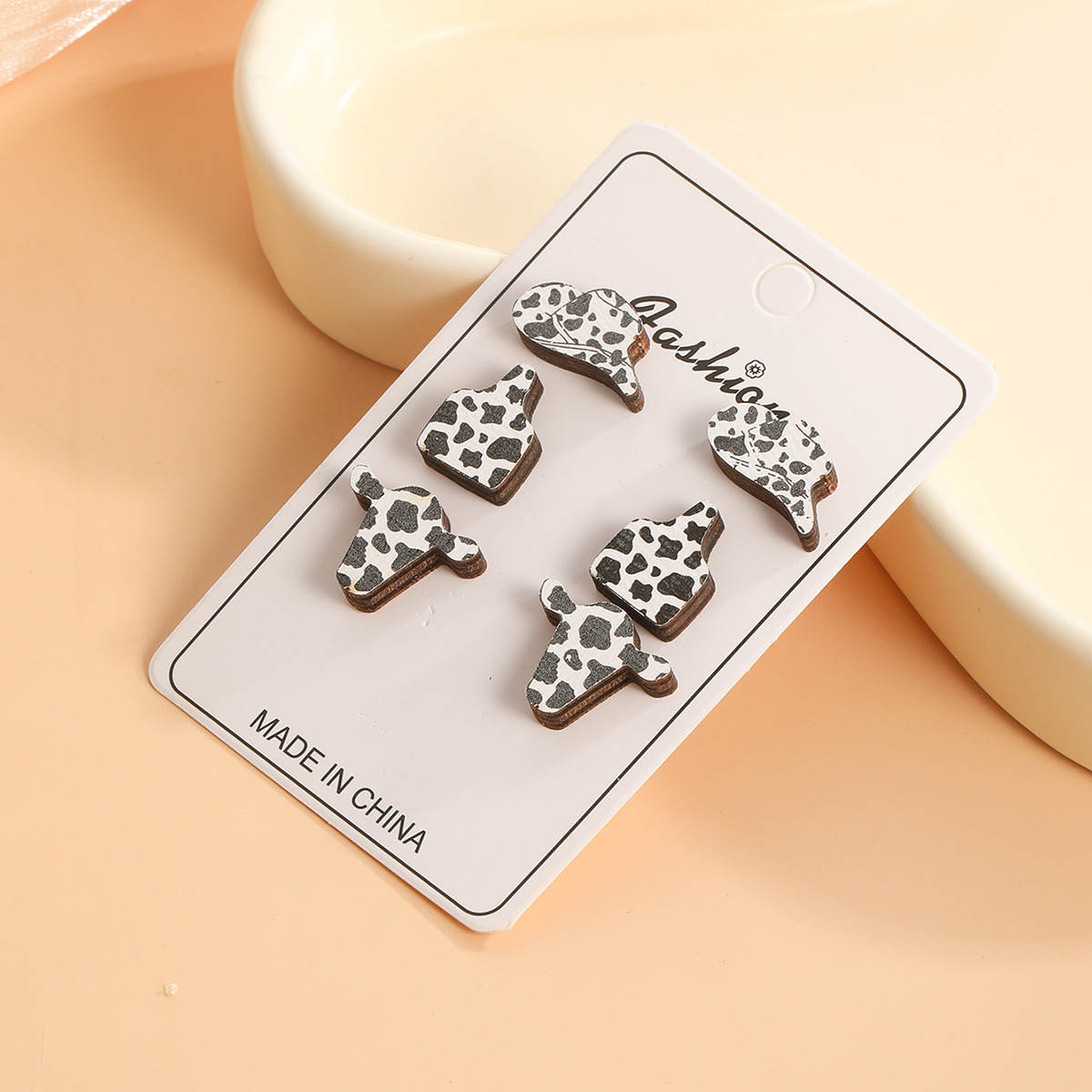 Ear Studs Classification 1 Set Casual Cow Pattern Heart Shape Printing Wood Ear Studs