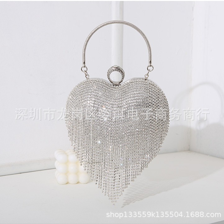 2023 Diamond Heart-Shaped Handbag For Women, Rhinestone Banquet Evening Bag, Elegant Qipao Small Purse, Luxury Hand-Carry Bag - Thumbnail 4