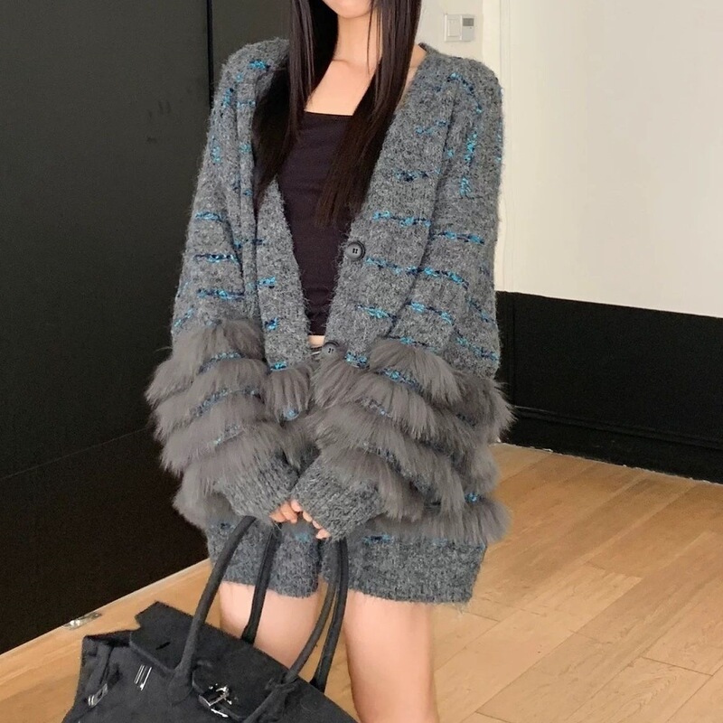 秋冬高级感仿狐狸毛亮丝条纹韩系中长宽松显瘦毛衣慵懒风外套女|undefined