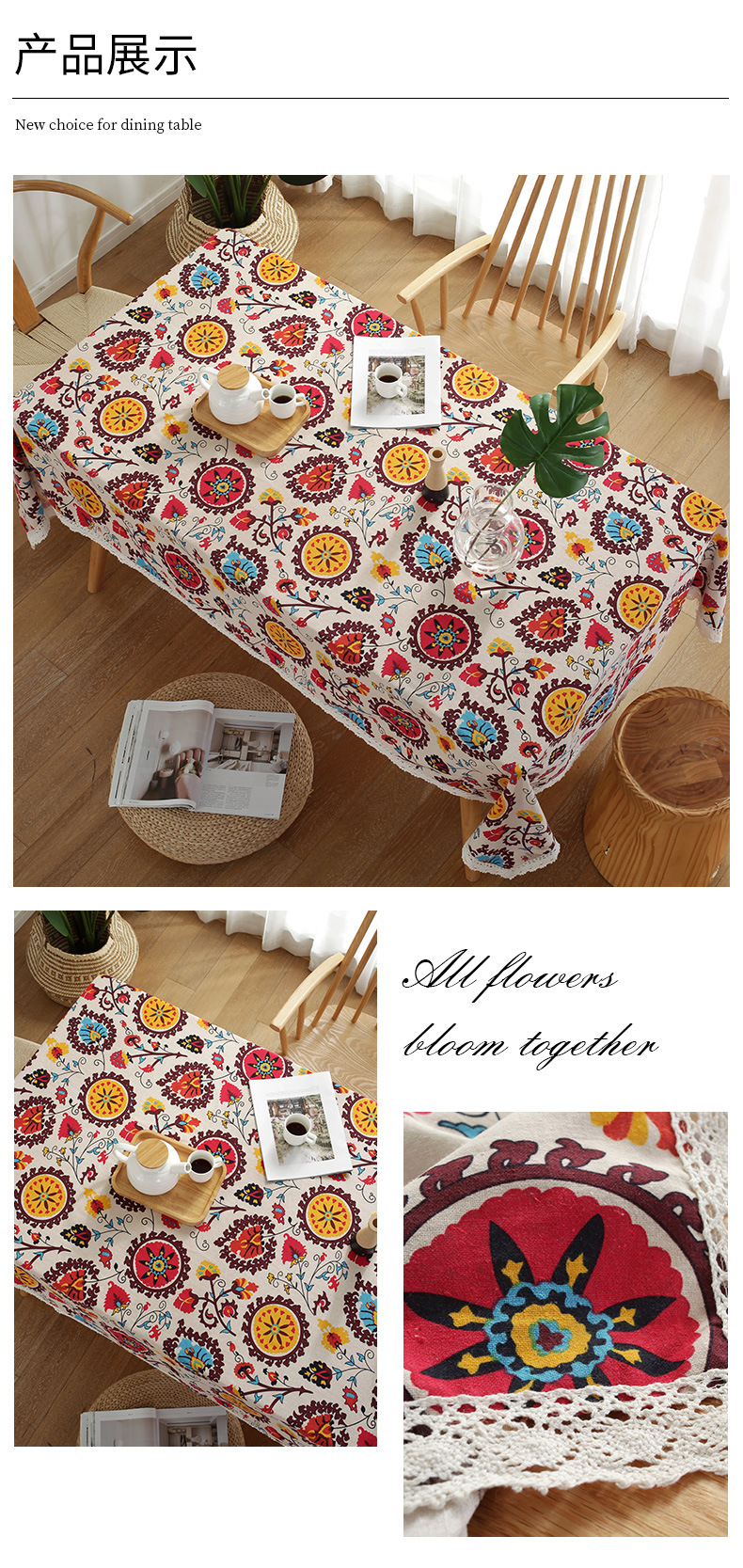 Bohemian Ethnic Style Rectangular Sunflower Print Washable Tablecloth display picture 3