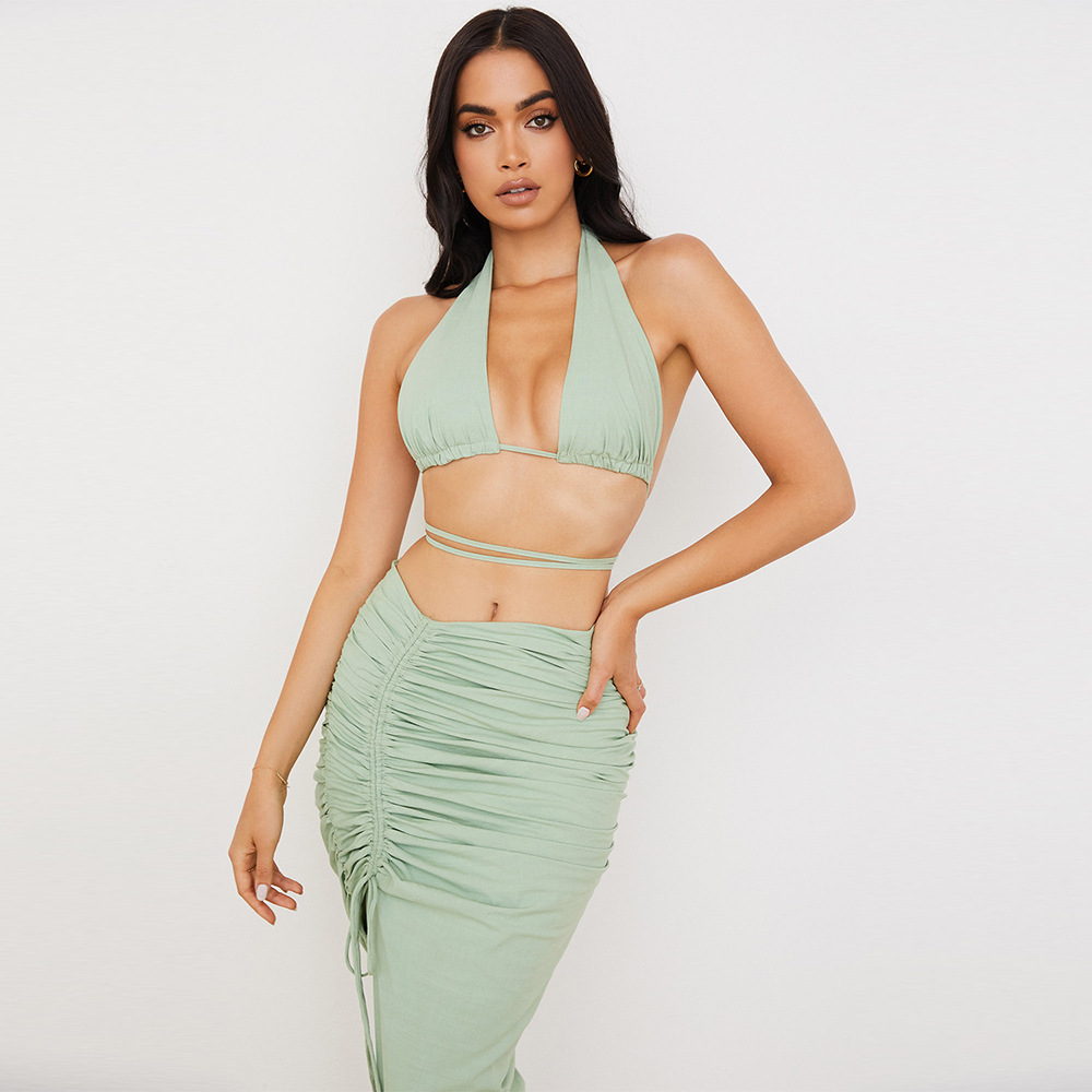 Lace-Up Halter Top Drawstring Long Skirt 2 Piece Set NSLBK110262