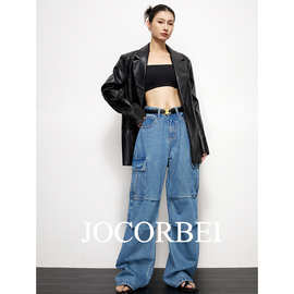 JOCORBEI【美式多口袋】牛仔裤小众复古蓝阔腿工装裤欧美裤子潮