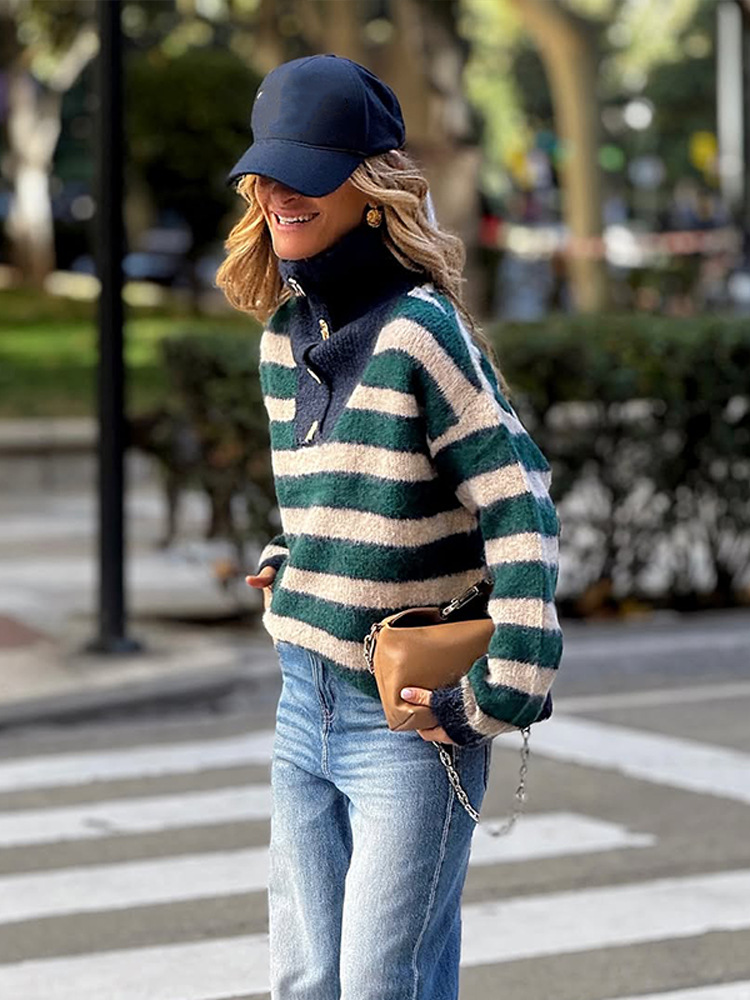 Moda universal rayas de cuello alto suéter de color contraste chaqueta mujer 2025 transfronteriza Europa y Estados Unidos otoño y invierno nuevo caliente image 3