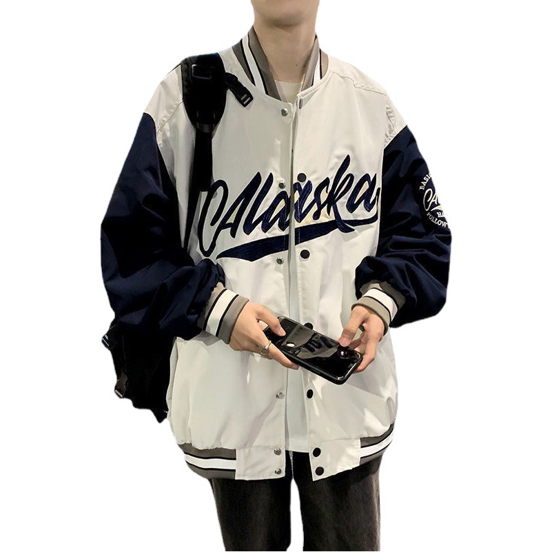 Estilo americano carta bordada chaqueta de béisbol de los hombres de otoño ins marca de moda pareja desgaste suelto contraste color costura abrigo