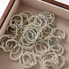 925纯银天然灰月光石圆珠戒指女时尚小众设计弹力绳串珠指环J0094