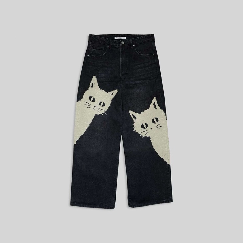 Cross-Border European and American Retro Washed Vintage Jeans for Men and Women, Autumn and Winter Street Style, Unique Cat Print Straight-Leg Pants Cross-Border European and American Retro Washed Vintage Jeans for Men and Women, Autumn and Winter Street Style, Unique Cat Print Straight-Leg Pants