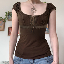 复古少女感串珠抽绳系带蕾丝拼接短上衣甜美褶皱方领收腰百搭短袖