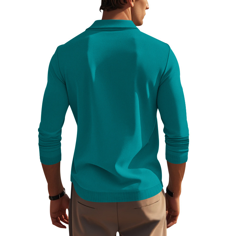 Podzimní a zimní americké pánské tričko s dlouhým rukávem, tenký střih, vaflový styl, slim fit, klopový pletený svetr pro muže_voghion.com