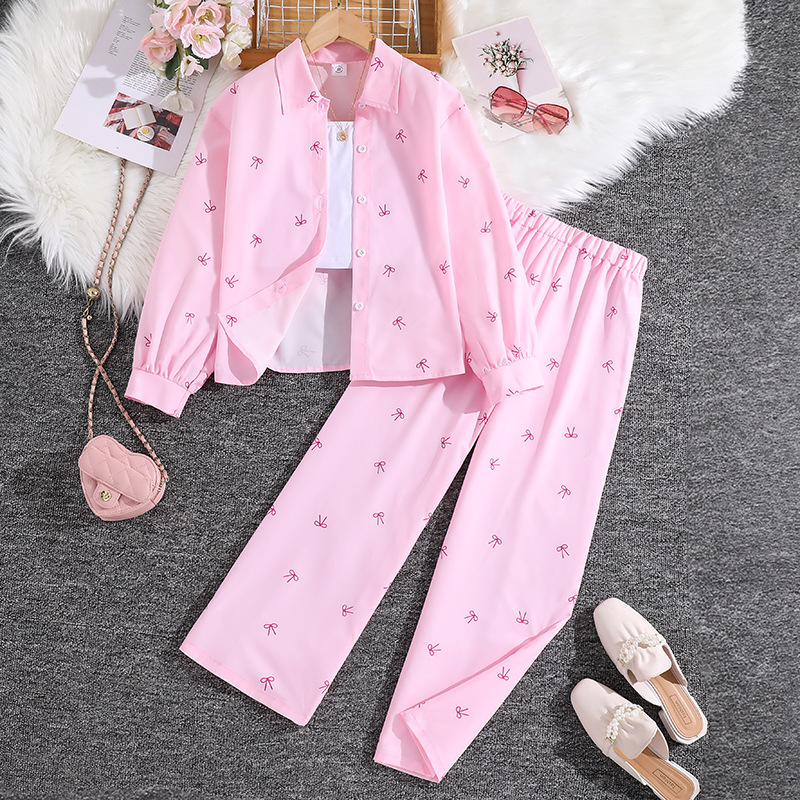 Amazon Ropa para niños europeos y americanos 25 primavera nuevo estilo para niños solapa camisa de manga larga pantalones superior traje transfronterizo para niñas
