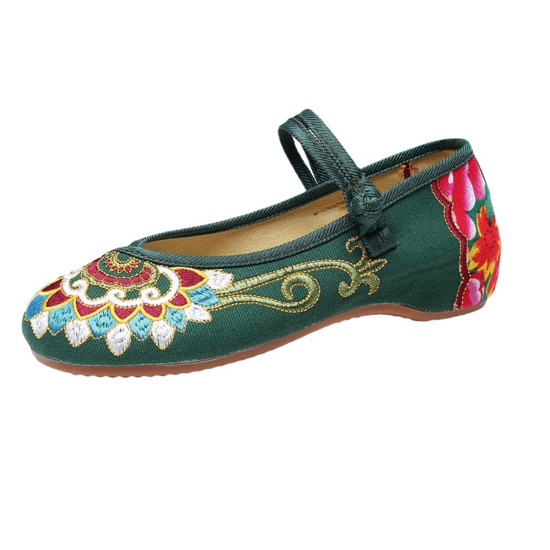 Ethnic Style Chinese Style Canvas Embroidered Cloth Shoes Women's Shoes Single-layer Shoes with One-line Buckle Low Heel Moms Shoes