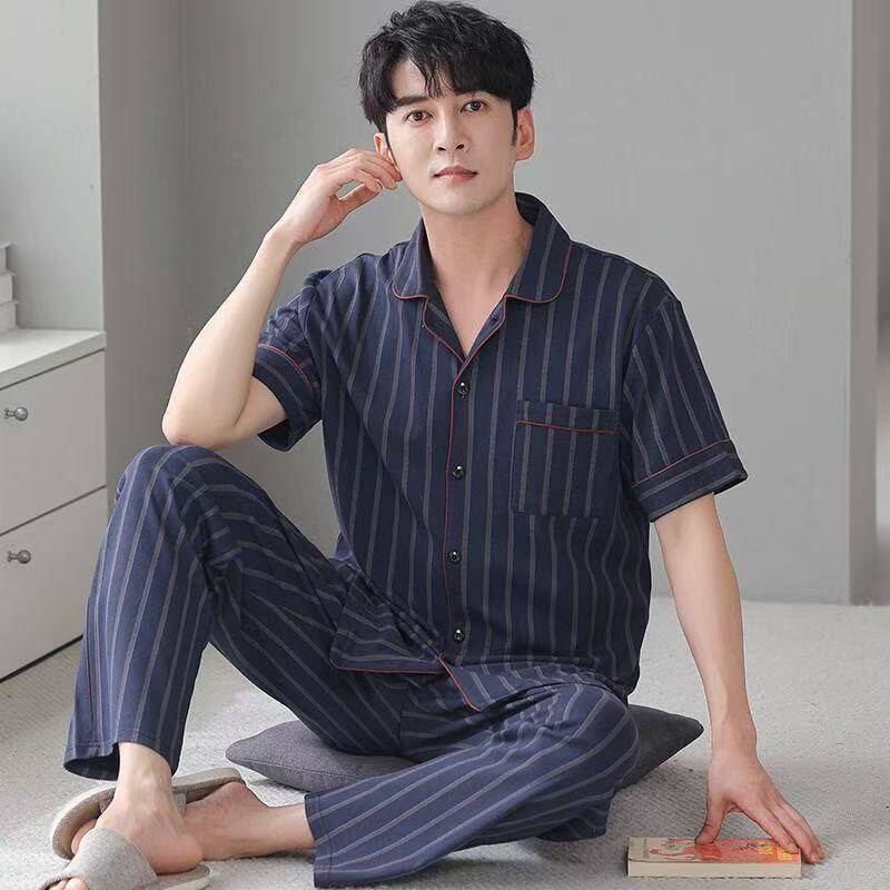Pijamas de los hombres 100% algodón primavera y verano papá adolescentes manga corta delgada homewear traje