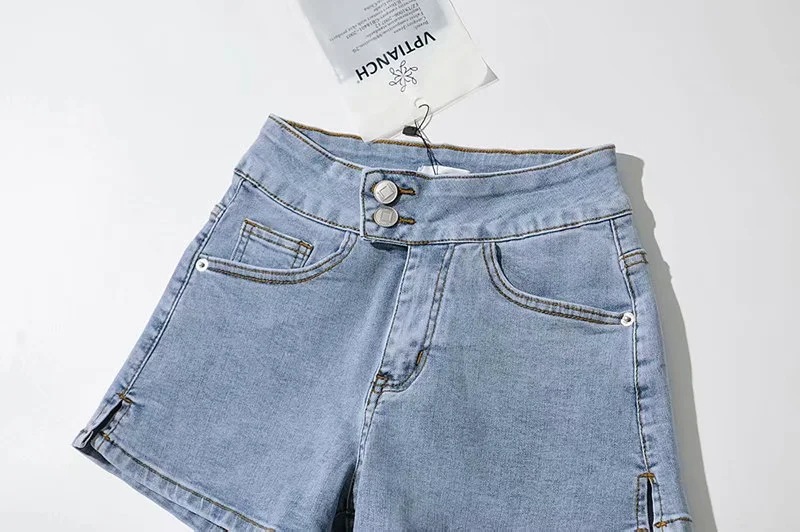 irregular two-button high waist stretch split denim shorts  NSAC57400