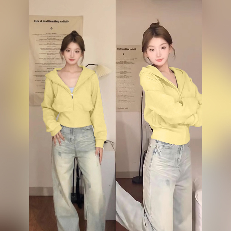 M7-黄色短款正肩卫衣外套女款秋季连帽修身上衣早秋穿搭2025新款|undefined