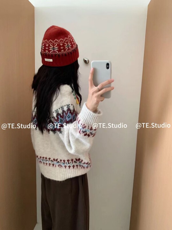 复古费尔岛立体花朵毛衣外套女秋冬季2025新款减龄学院风针织开衫|undefined