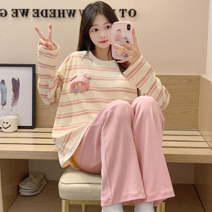 Pajamas Women's Spring and Autumn New Long Sleeve Cotton Cute Cartoon Striped Loose Women's Spring and Autumn Home Clothes suit