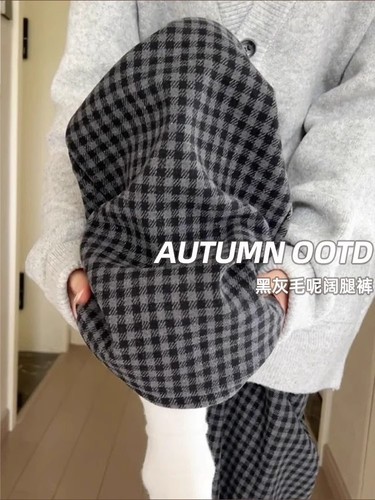 Black and Grey Plush Striped Women's Autumn/Winter 2024 New Arrival Straight Leg High-Waist Petite Wide-Leg Pants Casual and Versatile