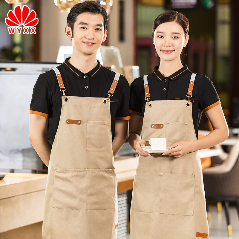 Супермаркет Холст Фартук Печатный вышитый логотип Шея с принтом Женская Мода Молочный чай Магазин Кафе Официант Кейтеринг Талия