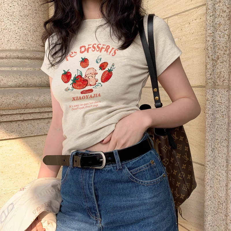アメリカンレトロショルダー漫画イチゴバニー半袖Tシャツレディース夏の新しい甘いホットガールカジュアル多用途トップ|undefined