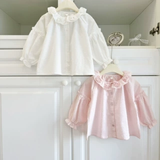 26春季新品法式复古女童衬衫小童荷叶领提花衬衫手工花朵娃娃衫