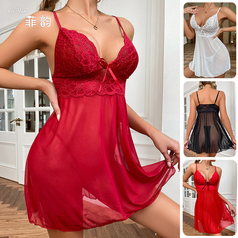 Feiyun New Cross-Border European and American Style Sexy Lingerie Lace Nightdress Camisole Mesh Sleepwear Camisole Dress Loungewear 191