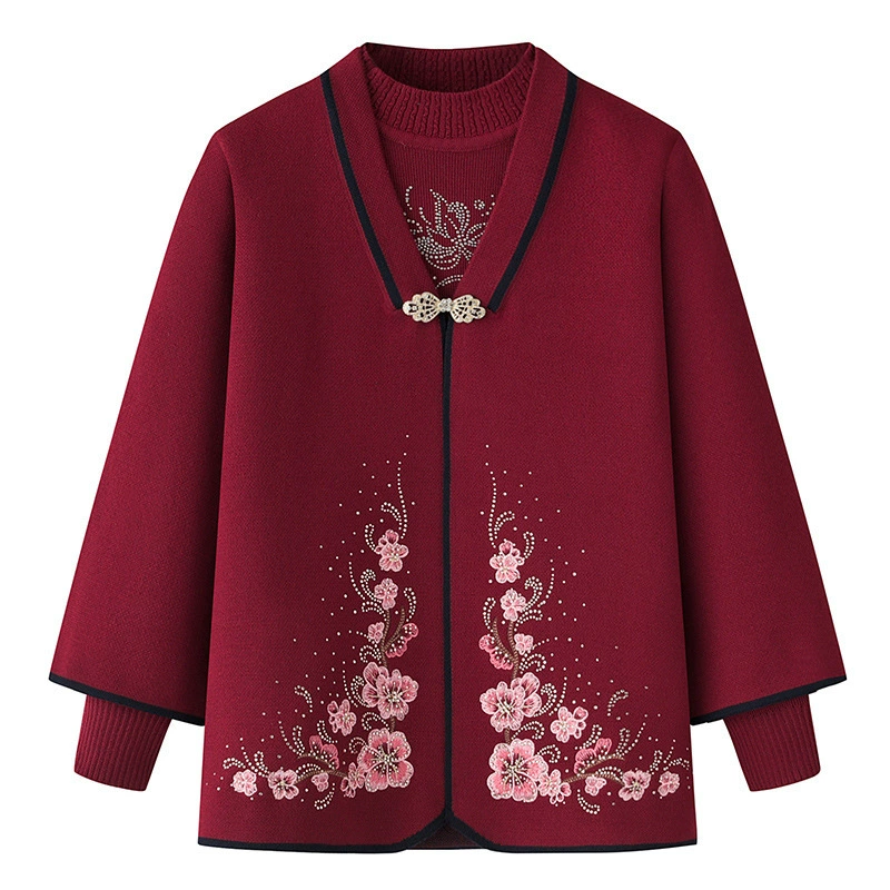 Пожилая мама осенний костюм из двух частей бабушка натальный год красный свитер кардиган весной и осенью свадебная одежда свекрови