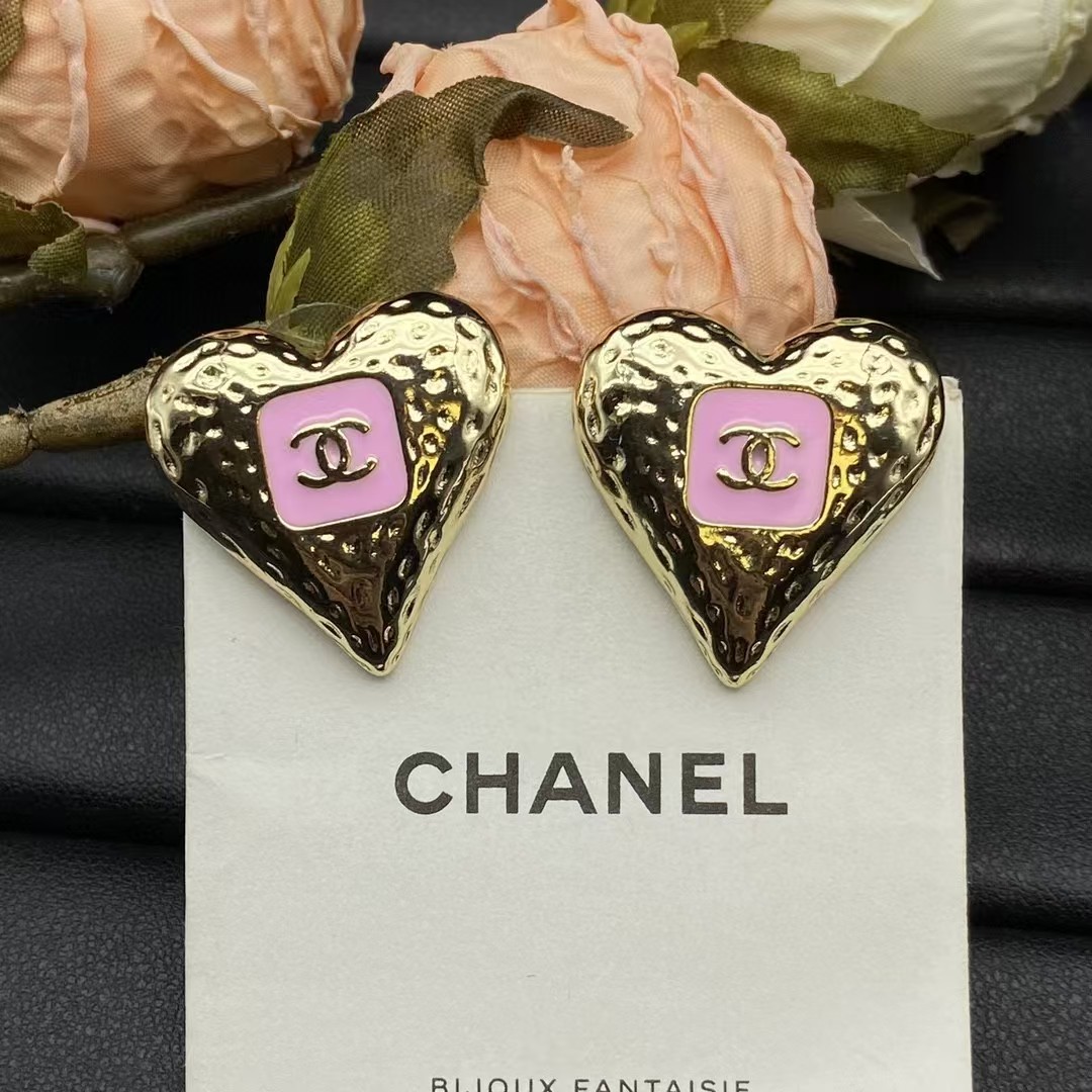 Chanel Hammered CC Heart Stud Earrings Metal Enamel Pink Gold