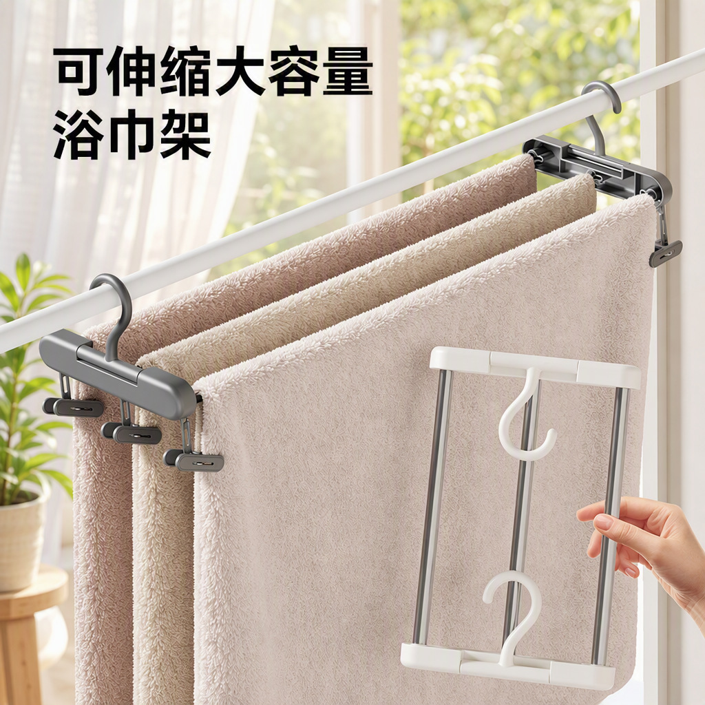 【Dropshipping】Extendable clothes rack, towel rack, household towel hanger, windproof stainless steel drying rack for bed sheets