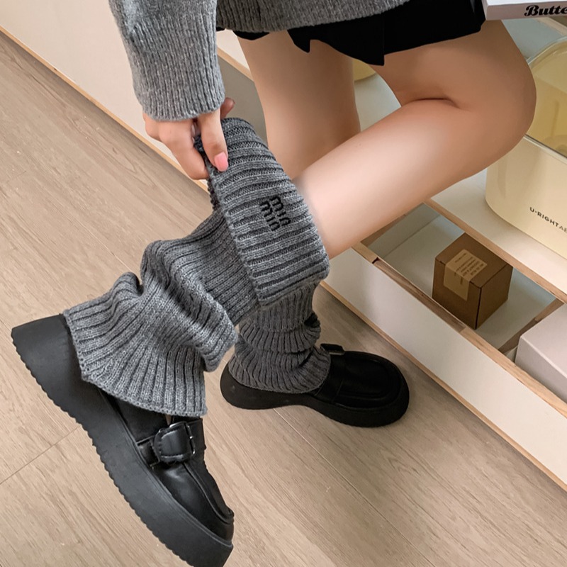 Miu Embroidered Letter Socks, Stacked Socks, White Knitted Foot Covers, Autumn/Winter Warm Boots, Edge Flip Trendy Socks for Women