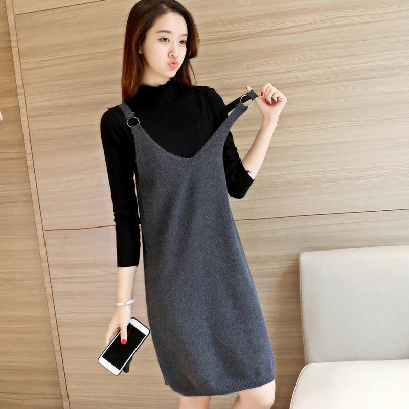 Camisole Vest dress Women's Spring and Autumn New Sweater Dress Knitted Simple Loose Mid-length Strap Base Skirt