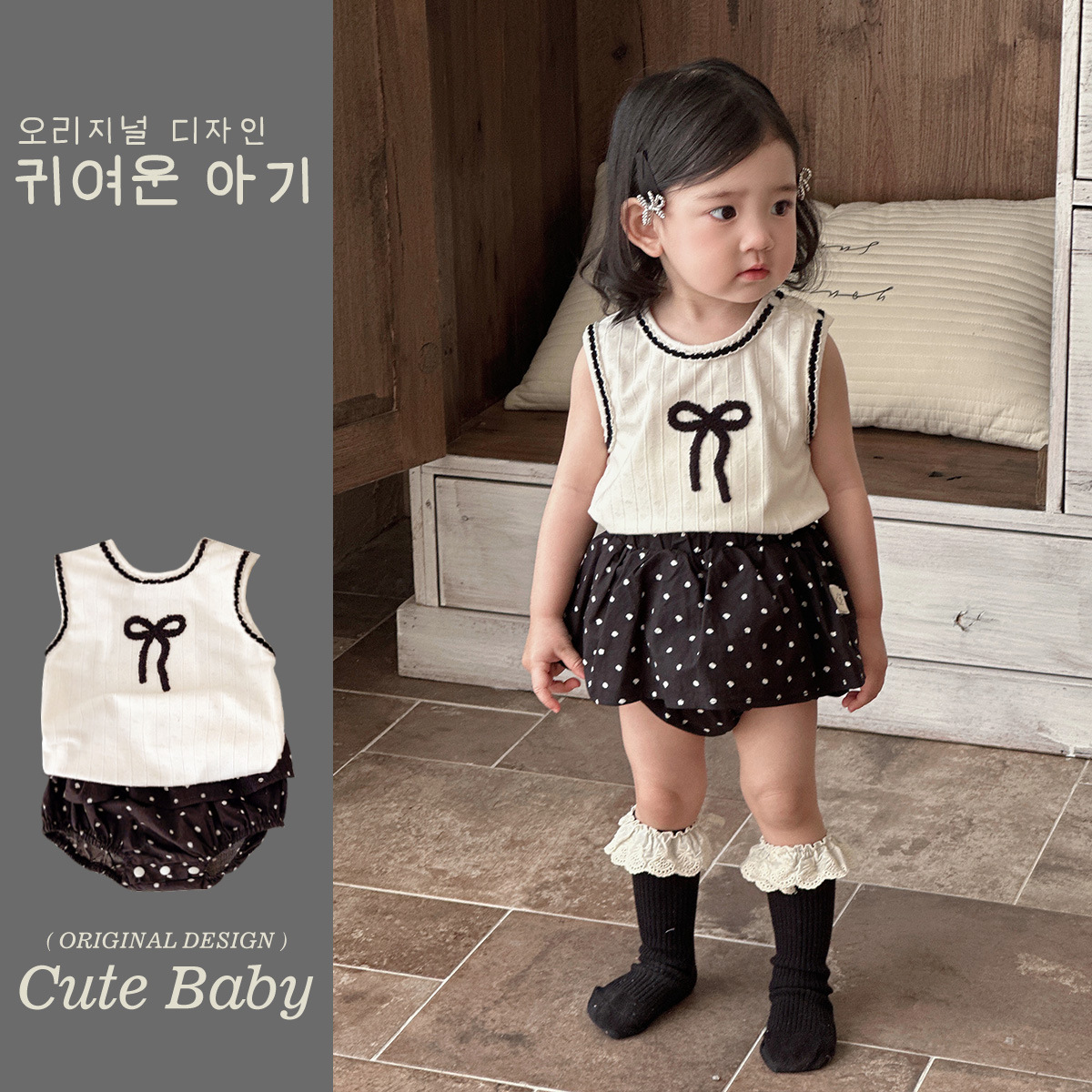 Ropa de verano para bebés y niños pequeños, blusa sin mangas con lazo dulce para bebés, pantalones cortos de pedo con lunares, traje de dos piezas