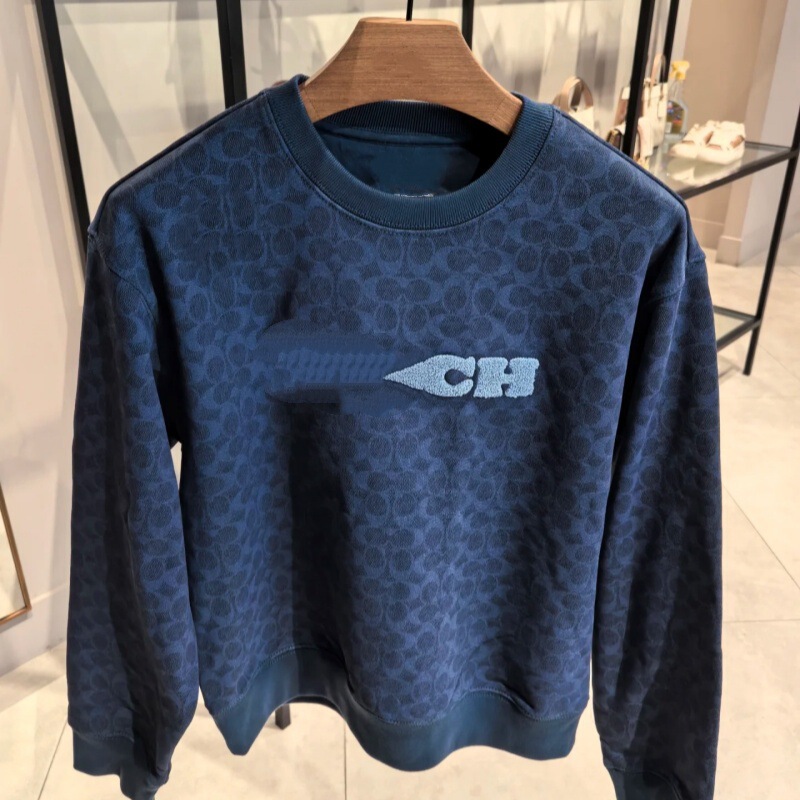 25 Autumn and Winter New Style Koujia Xiangbai Round Neck Blue All-Over Printed Sweatshirt Towel Embroidered Letters Same Style Tops for Men and Women