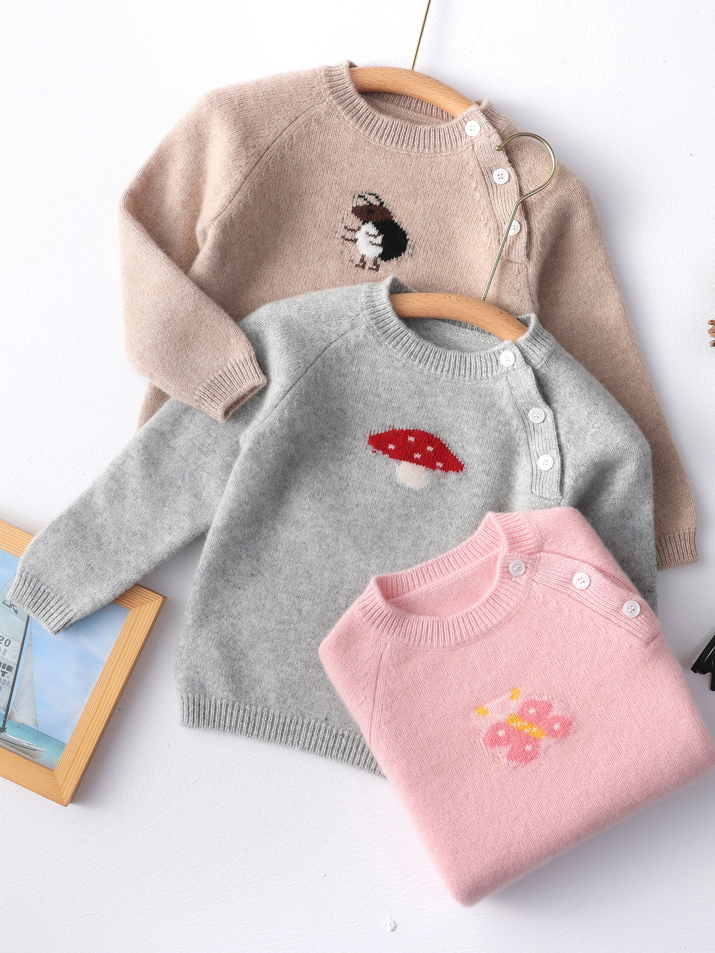 Children's autumn and winter raglan button wool sweater, boys and girls, round neck jacquard pattern, stylish baby thick base sweater