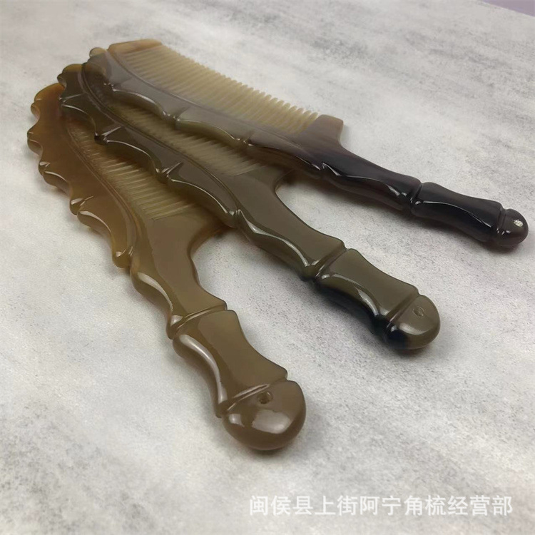 Handmade Horn Comb Bamboo Joint Handle Fine Teeth Carved Thick Round Grip 20cm quality and texture