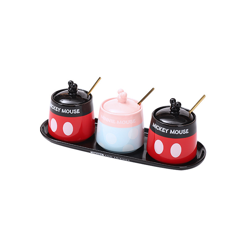 Conjunto de recipiente de condimento de cerámica de Mickey, caja de regalo, recipiente de sal con cuchara, recipiente de condimento de cocina, caja de condimento doméstica