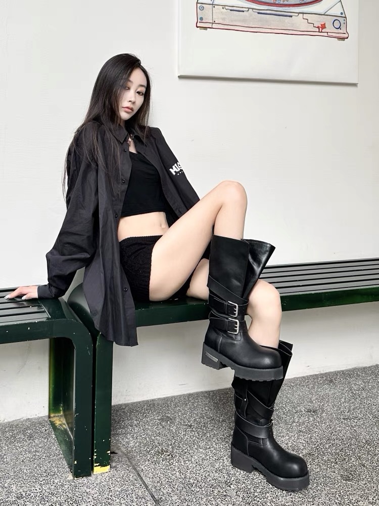 Retro Platform Knee High Boots For Women Punk Motorcycle Style_voghion.com