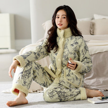 睡衣女冬季三层夹棉纯棉夹层加绒加厚保暖冬天可外穿家居服秋冬款