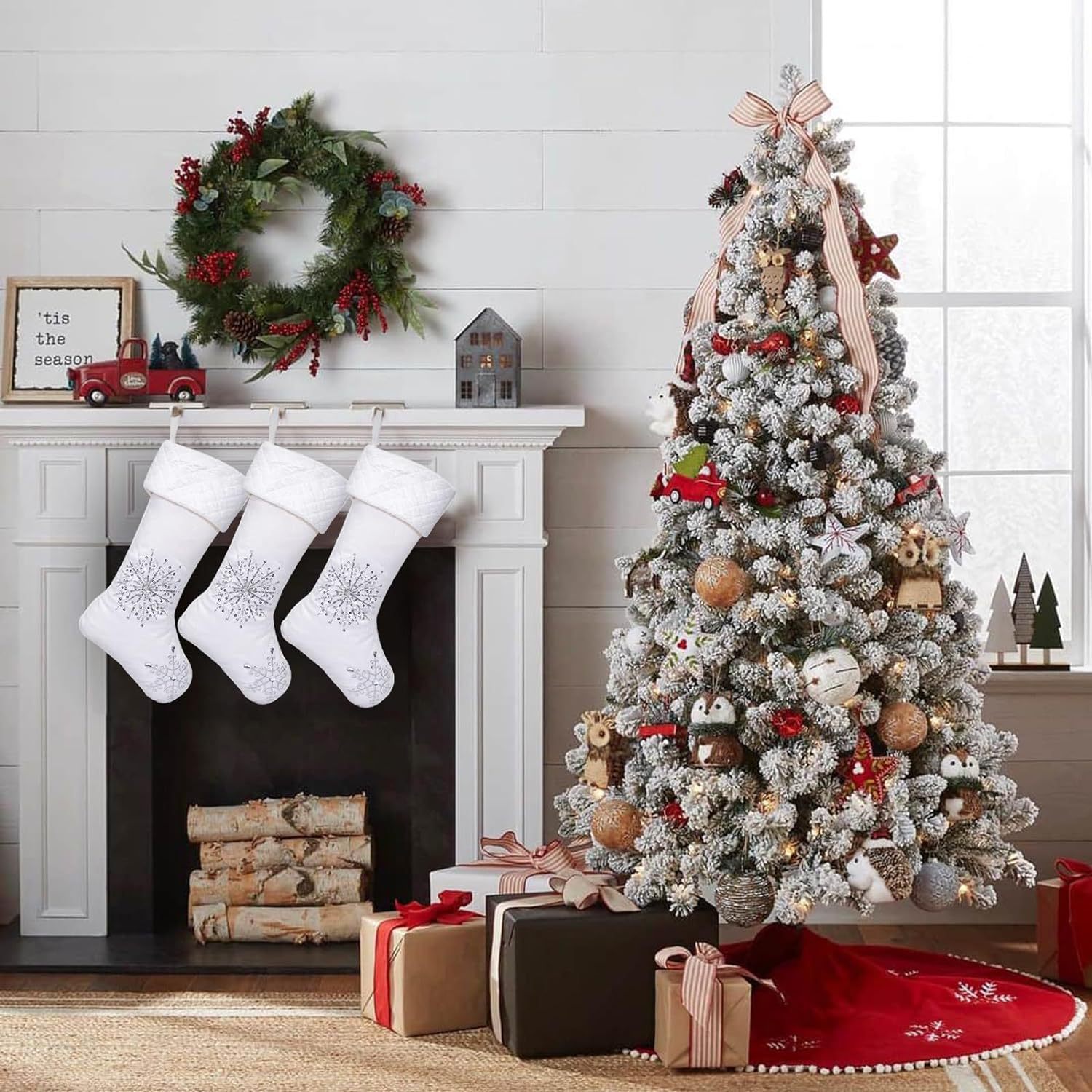 Navidad transfronteriza de cuero blanco calcetines de Navidad plateados sequillas calcetines de Navidad colgante decoración del hogar navideño