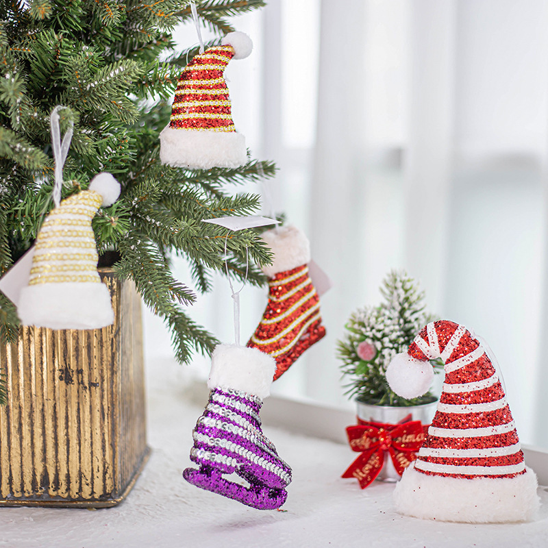 Comercio exterior espuma de Navidad polvo brillante muletas de Navidad sombrero de Navidad decoración de árbol de Navidad colgantes de ventanas vestido al por mayor