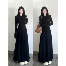 黑色裙子女春秋针织修身连衣裙长款打底裙收腰显瘦连身长裙赫本风