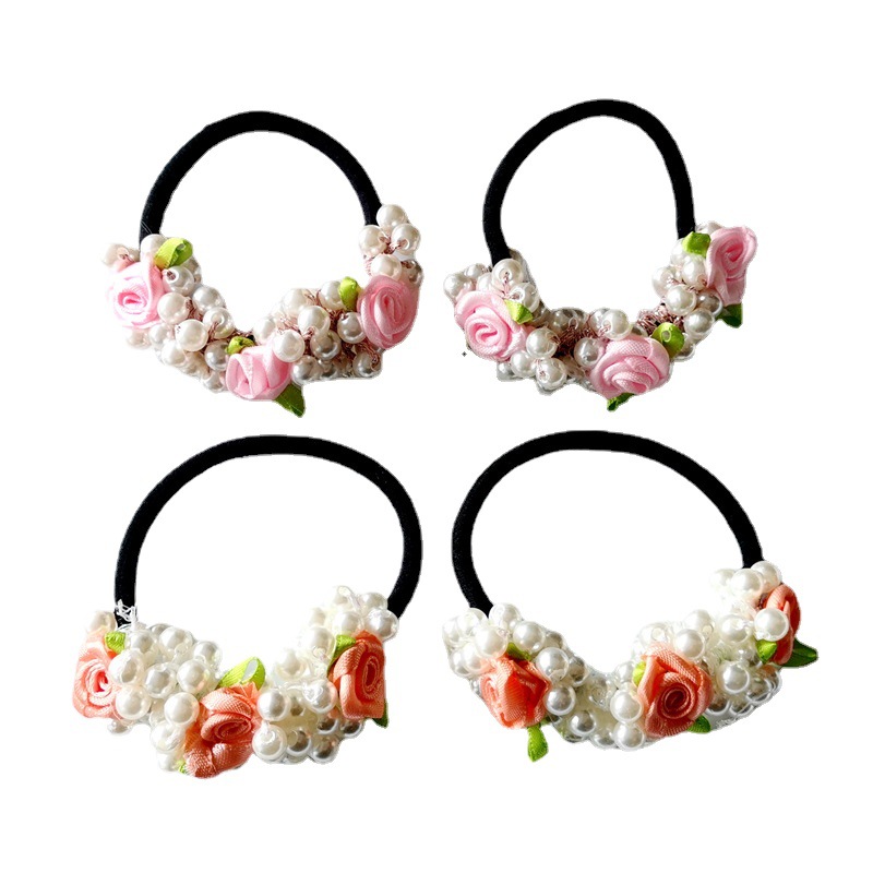 Korean Fashion Pearl Hair Rope Internet Celebrity Hair Accessories Female Fabric Roses Ponytail Head Rope Updo Elastic Rubber Band