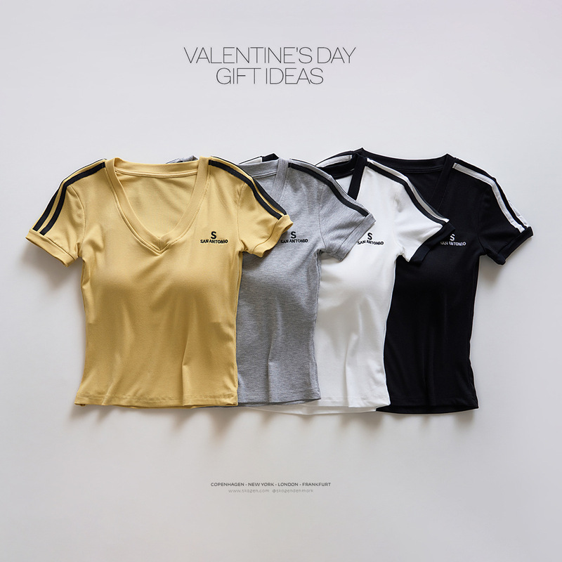V-Neck Striped Short-Sleeved T-Shirt with Chest Pad Women's Summer Korean Style Slim-Fit Letter Embroidered Shoulder Half-Sleeve Base Top