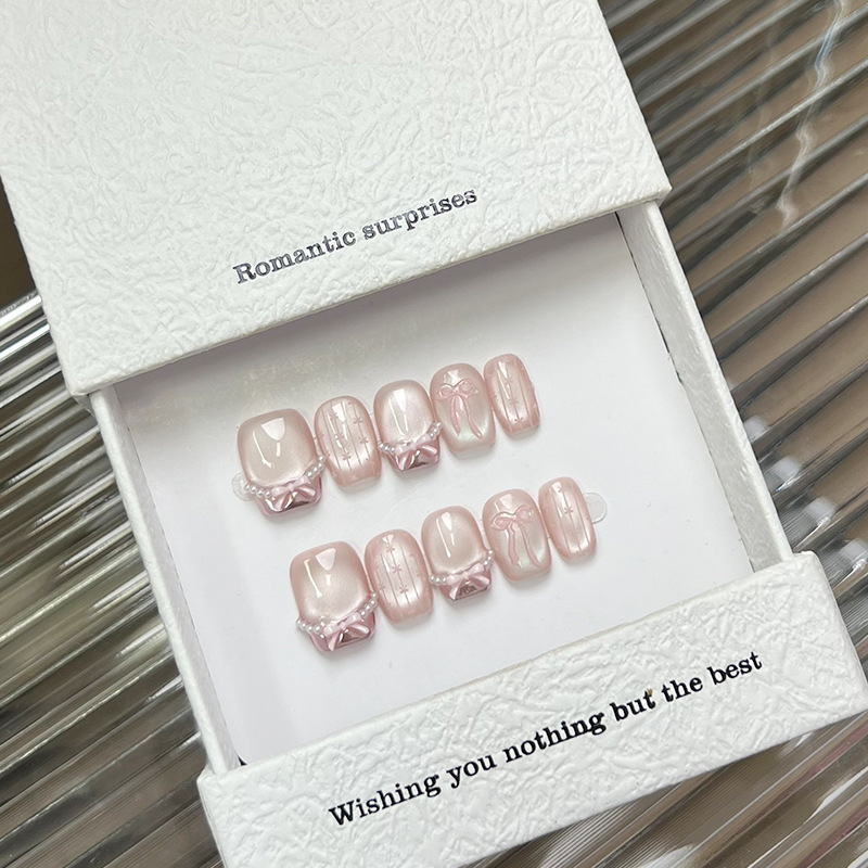 """"White Peach Bubble""""Handmade Manicure Wearable Nails 2025 New Short Style High-End Bow French Cat Eye Manicure