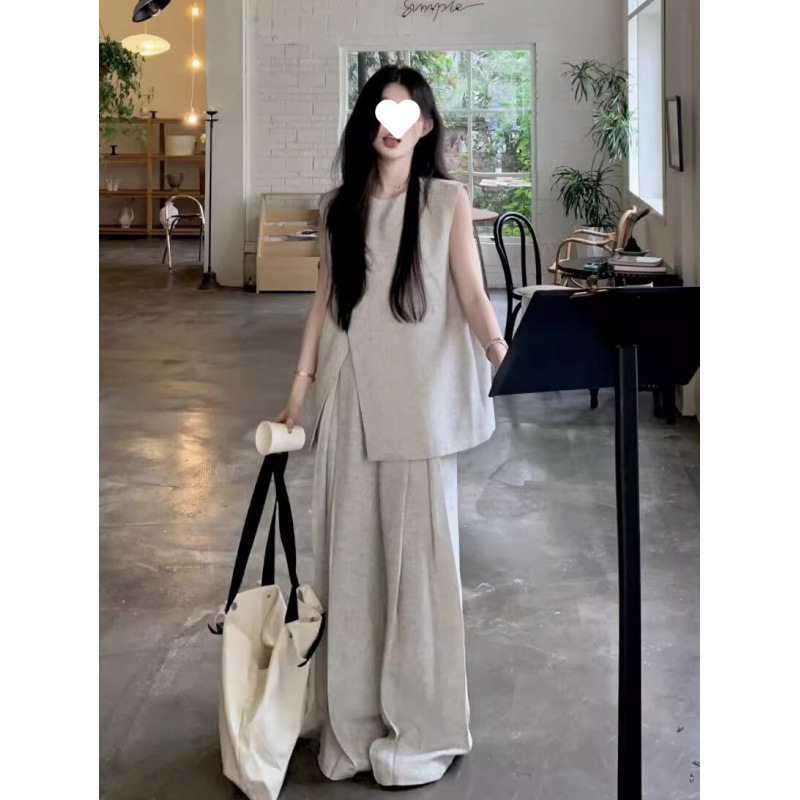 时尚休闲套装女新款秋季慵懒风不规则无袖马甲上衣阔腿裤子两件套|undefined